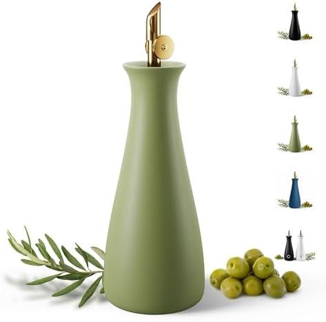 Ceramic Olive Oil Dispenser with Self-Closing Gold Spout - 530 ML Capacity Matte Green Ceramic Oil Dispenser for Kitchen - Leak Proof EVOO Dispensing Bottle - Stylish, Ergonomic, Durable, Easy Pour
