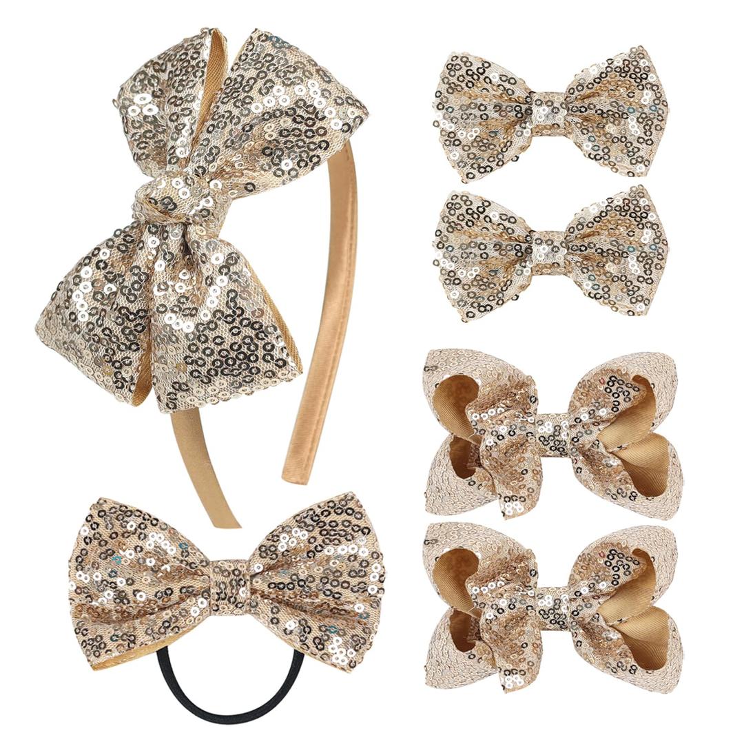 Sequin Grosgrain Bow Hair Accessories Gift Set  6-Piece Sparkling Hair Bows, Clips, Headband & Hair Tie for Little Girls and Toddlers Gold)