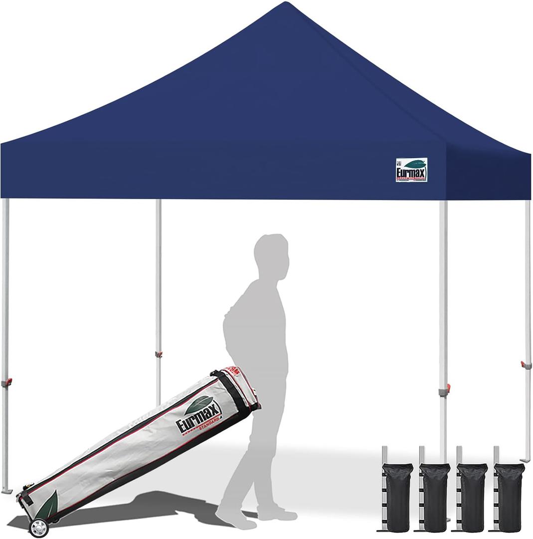 Eurmax USA 10x10ft Pop Up Canopy,Commercial Instant Tent for Outdoor Events,Patented No-Tip Rolling Storage Bag with 4 Sandbags,UV & Water Resistant,Heavy Duty Portable Shelter Gazebo,Navy Blue