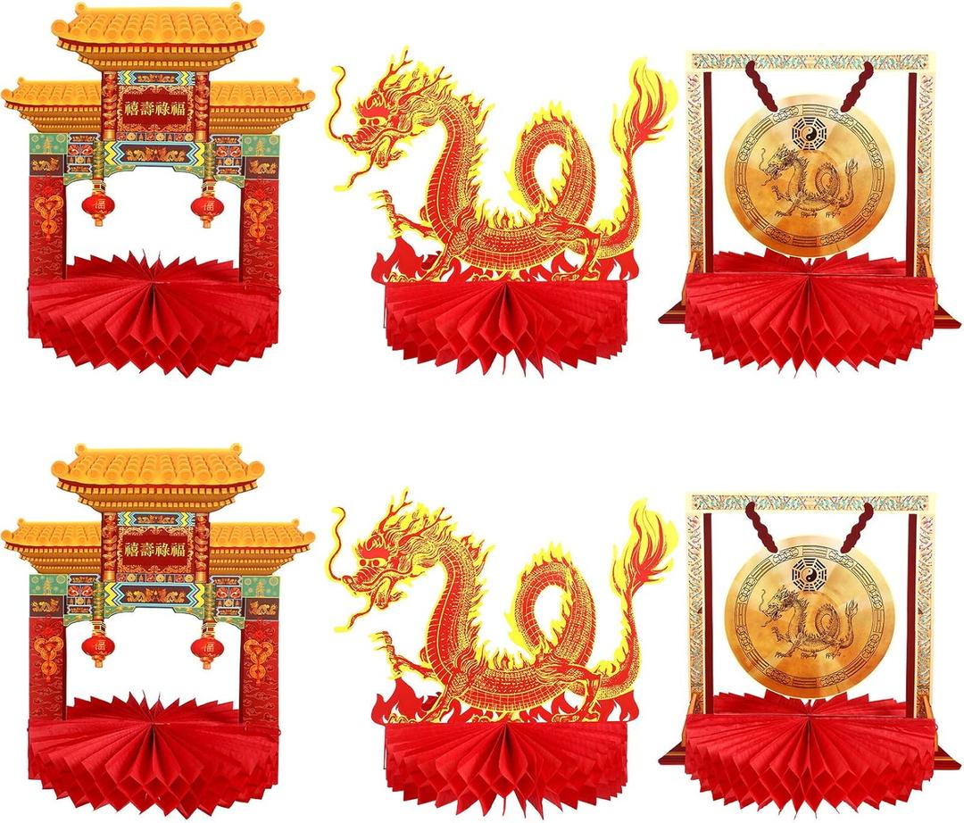 Sumind 6 Pcs Chinese New Year Decorations 2026 Lunar New Year Honeycomb Centerpiece for Table Decorations Red and Gold Dragon Gong Architecture Centerpieces for Spring Festival