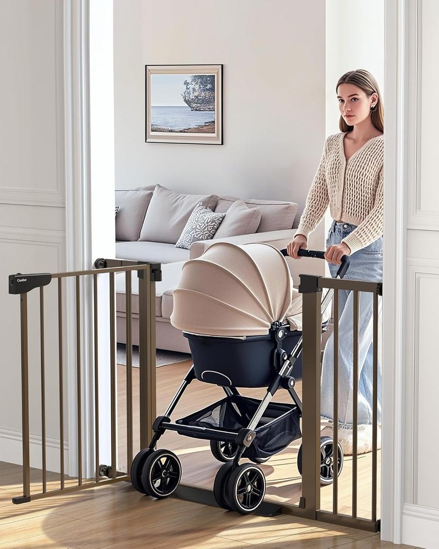 Cumbor 29.7-46" Baby Gate for Stairs, Mom's Choice Awards Winner-Auto Close Dog Gate for the House, Easy Install Pressure Mounted Pet Gates for Doorways, Easy Walk Thru Wide Safety Gate for Dog, Brown (29.7-46"W x 30.5"H)