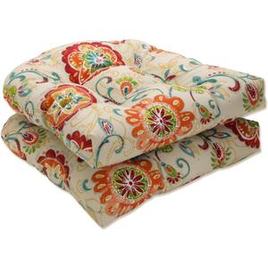 Pillow Perfect Bright Floral Indoor/Outdoor Chair Seat Cushion Tufted, Weather, and Fade Resistant, 19" x 19", Tan Fanfare 2 Count