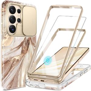 GVIEWIN for Samsung Galaxy S26 Ultra Case, [Slide Camera Cover & Built-in HD Screen Protector] [2 Front Frames] Shockproof Military Grade Protective Marble Phone Case S26 Ultra 6.9" (Topaz/Gold)