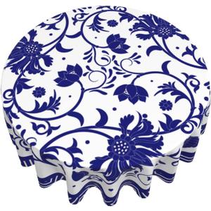 Blue and White Porcelain Paint Round Tablecloth Flower Table Cover Washable Tablecloths for Kitchen Dining Party Home Decor 60 inch