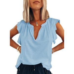 Dokotoo Women's Casual V Neck Ruffle Sleeve Summer Tank Tops Shirts (Blue, S)
