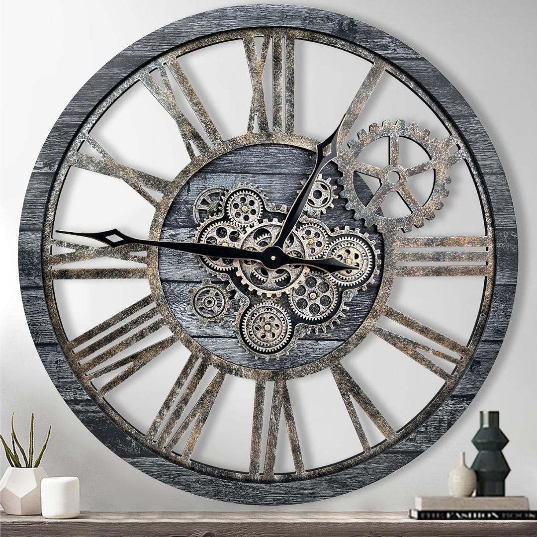 The B-Style Large Real Moving Gears Wall Clock 30 inch Rustic Retro Industrial Farmhouse Wood Clock Oversized Decorative Vintage Wall Clocks for Living Room (Carbon Gray) (30 inch/76cm)