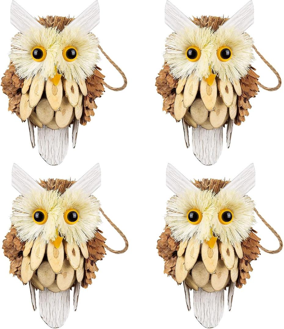 4pcs Woodland Christmas Ornaments - Owl Ornaments for Trees, Handmade Wooden Owls, Rustic Farmhouse Decoration