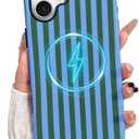 TKJSQ Magnetic for iPhone 16 Phone Case, Cute Striped Pattern Aesthetic Gloss Design, Stylish Shockproof Soft TPU and Hard PC 2-in-1 Protective Cover for iPhone 16, Blue Green