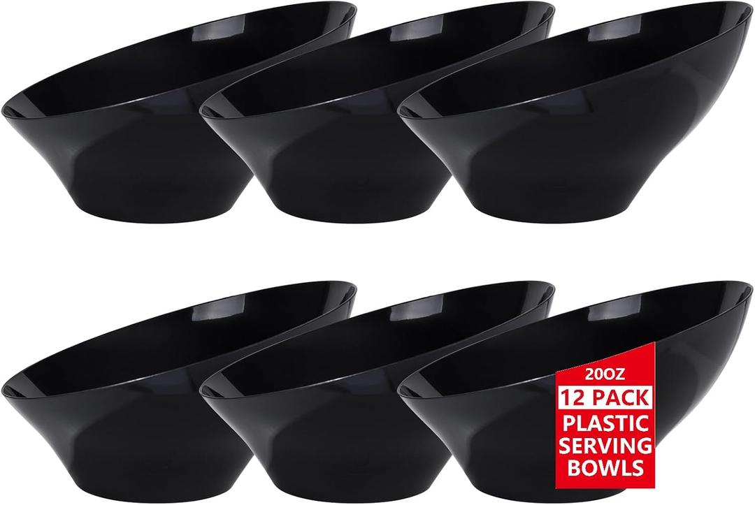 bUCLA 12 Pack Black Plastic Serving Bowls - 20 OZ Angled Bowls Disposable for Chip,Candy,Salad and Fruit - Ideal for Wedding, Party & New Year