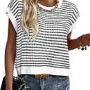 PRETTYGARDEN Womens Short Sleeve Sweater Spring Summer 2025 Round Neck Striped Pullover Cap Sleeve Knit Sweater Vest Tops (Medium, White)