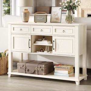 Vabches 3-Tier Wood Condole Table with 3 Drawers and Shelves, 47" Narrow Long Sofa Entryway Table with Sliding Barn Door Storage Cabinets