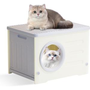 Plastic Cat House for Outdoor Indoor Use,Plastic Weatherproof Elevated Outdoor Cat Shelter Stackable Waterproof Feral Cat Shelter (Grey, L) 21.26"D x 16.14"W x 14.96"H