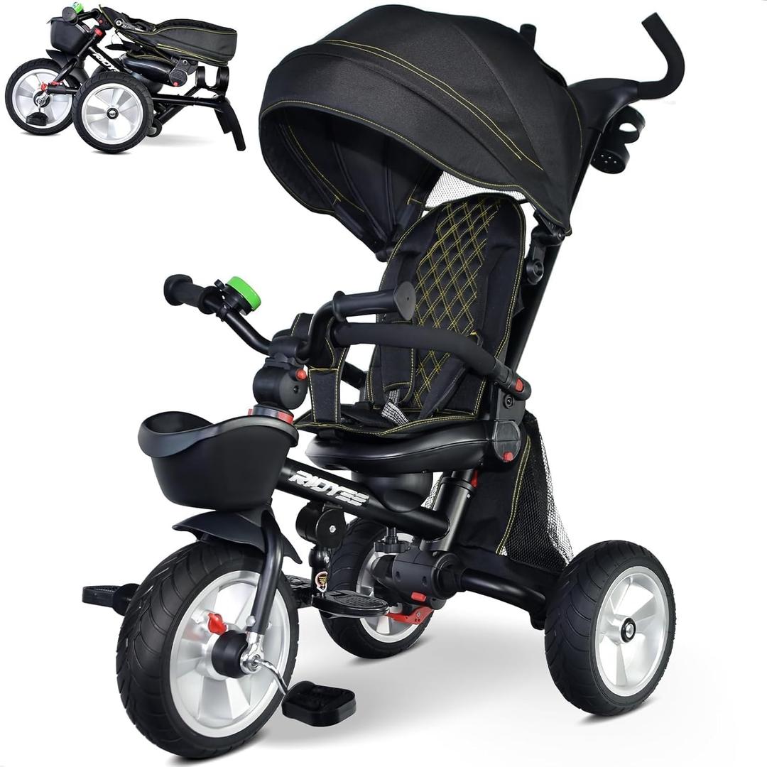 RIDYEE 7-in-1 Folding Toddler Tricycle for 18 Months to 5 Years, Tricycle Stroller with Dual Brakes, All-Terrain Rubber Tire, Tricycle for Toddlers with Rotatable Seat, Adjustable Push Handle, Black
