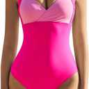 QINSEN Womens Sexy V Neck One Piece Bathing Suit Color Block Swimsuit High Waist Monokini (Pink, M)