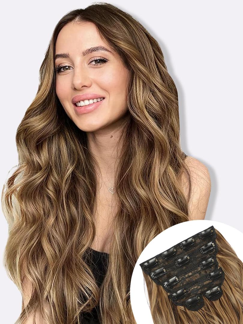 2 x ALXNAN Clip in Hair Extension6PCS Brown with Highlights Long Wavy Hair Extension 24 Inch Thick Soft Synthetic Hair Double Weft Hairpieces for Women