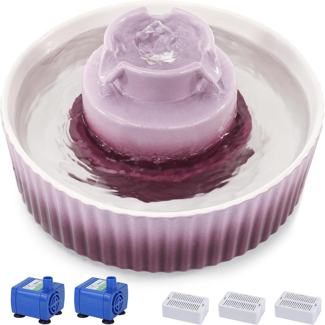 Lawfery Ceramic Cat Water Fountain, 2.1L/71oz Cat Fountain with 3 Carbon Filters and 2 Water Pumps, Cupcake Pet Water Fountain for Cats and Dogs (Purple)