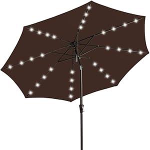 JEAREY 9FT Outdoor Patio Umbrella with Solar Lights, LED Lighted Pool Umbrella with Tilt and Crank, Outdoor Table Umbrellas for Deck, Yard & Market (Brown)