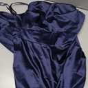 Summer Satin Spaghetti Strap Cowl Neck Backless Midi Dresses for Women Elegant Tie Low Back Ruched Cocktail Dress Navy, Small