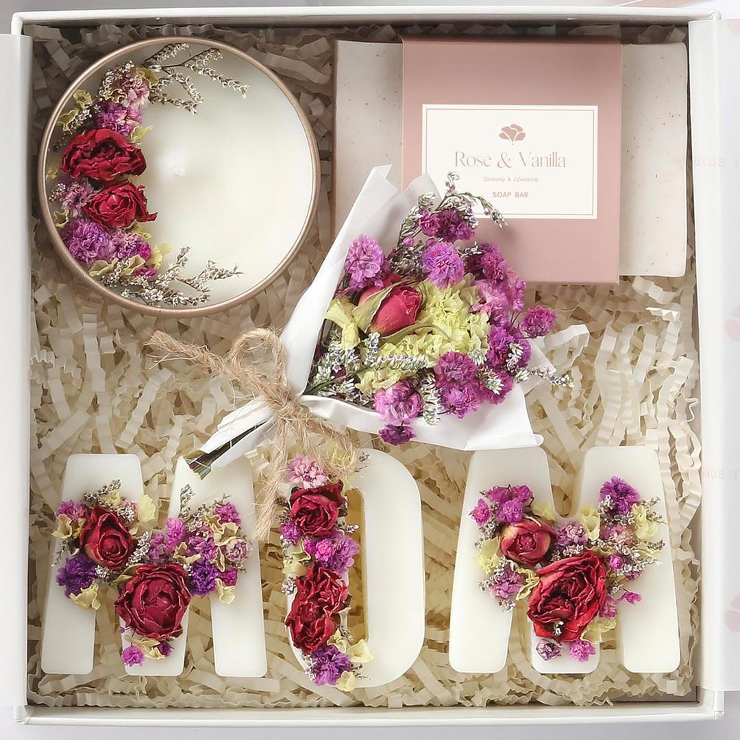 Mothers Day & Birthday Basket for Mom Luxury Gift Box with Candle, Ready to Gift Floral Keepsake, Thoughtful Mom Present from Daughter or Son