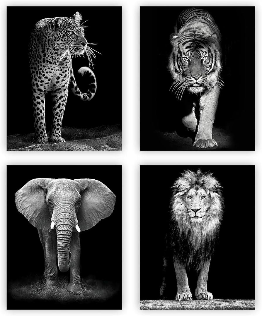 4 Set-Black and White African Wild Animal Photo Wall Art, Tiger, Lion, Elephant, Leopard Picture Canvas Wall Poster Printing, Brave Inspirational Wall Art For Bedroom Living Room Decor(8"x 10"Unframed)