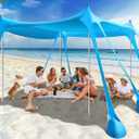 Rhino Valley Beach Tent, 10 x 10 FT Beach Shade UPF50+ Protection, Beach Canopy with 8 Sandbags 4 Stability Poles, Outdoor Beach Tent Sun Shelter Umbrella for Sand,Camping,Fishing Essentials, Sky Blue