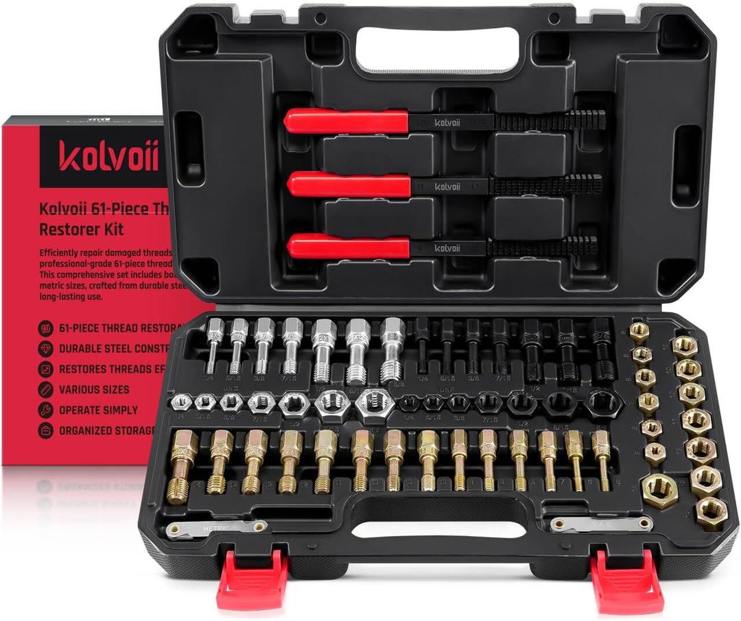 Kolvoii 61-Piece Thread Restorer Kit, Metric & SAE Thread Chaser Set with Taps, Dies, Files & Pitch Gauges  UNC, UNF, Metric Rethread Damaged Threads on Bolts, Nuts & Holes