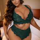 JuicyRose Women Plus Size 2 Piece Lingerie Sexy Floral Lace Scallop Trim Bralette and High Waist Panty Set (Green), 4XL