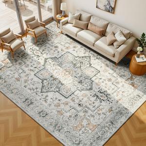 Lessymo 912 Area Rugs Washable for Living Room, Large Soft Indoor Rug Non-Slip for Bedroom Kitchen Dining Room Dorm Nursery, Vintage Boho Carpet Stain Resistant for Office Home Decor, Grey/Brown