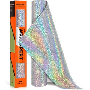 WRAPXPERT Silver Holographic HTV Iron on Silver Heat Transfer Vinyl for T-Shirts, 12''x5ft Holographic Glitter Vinyl Rolls for DIY Clothing Pattern,Stretchable & Washable