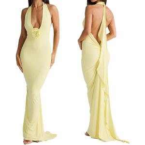 Women Sexy Backless Dress Halter Deep V Neck Detachable Flower Sleeveless Open Back Maxi Dress Cocktail Prom Formal Dresses (Small, Yellow)