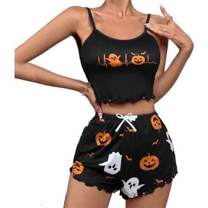 Mylleure Women Halloween 2 Piece Outfits Y2k Print Ruffle Sleeveless Cami Crop Tops High Waist Shorts Pajamas Set Loungewear (Small, Black + Orange Ghost)