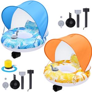 2Sets Motorized Pool Float for Adults, Electric Inflatable Pool Lounger with Canopy, Float Chair Tube with Pusher Handles, Cup holder, Foot Pump for Summer Swimming Party Beach Water Lake(Blue Green)