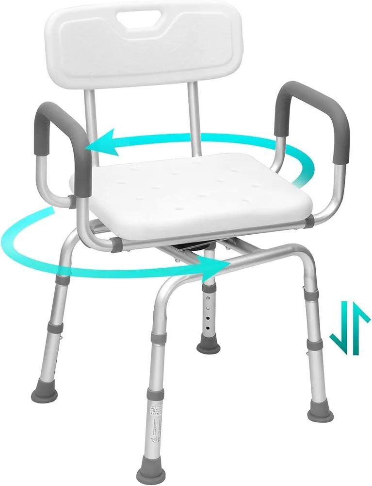Shower Chair,Seat Shower Stool,Portable Shower Chair with Adjustable Height,Shower Chair with Arms and Back,for Elderly,Handicap & Seniors up to 340LBS (Detachable Handrail) (360 Degree)