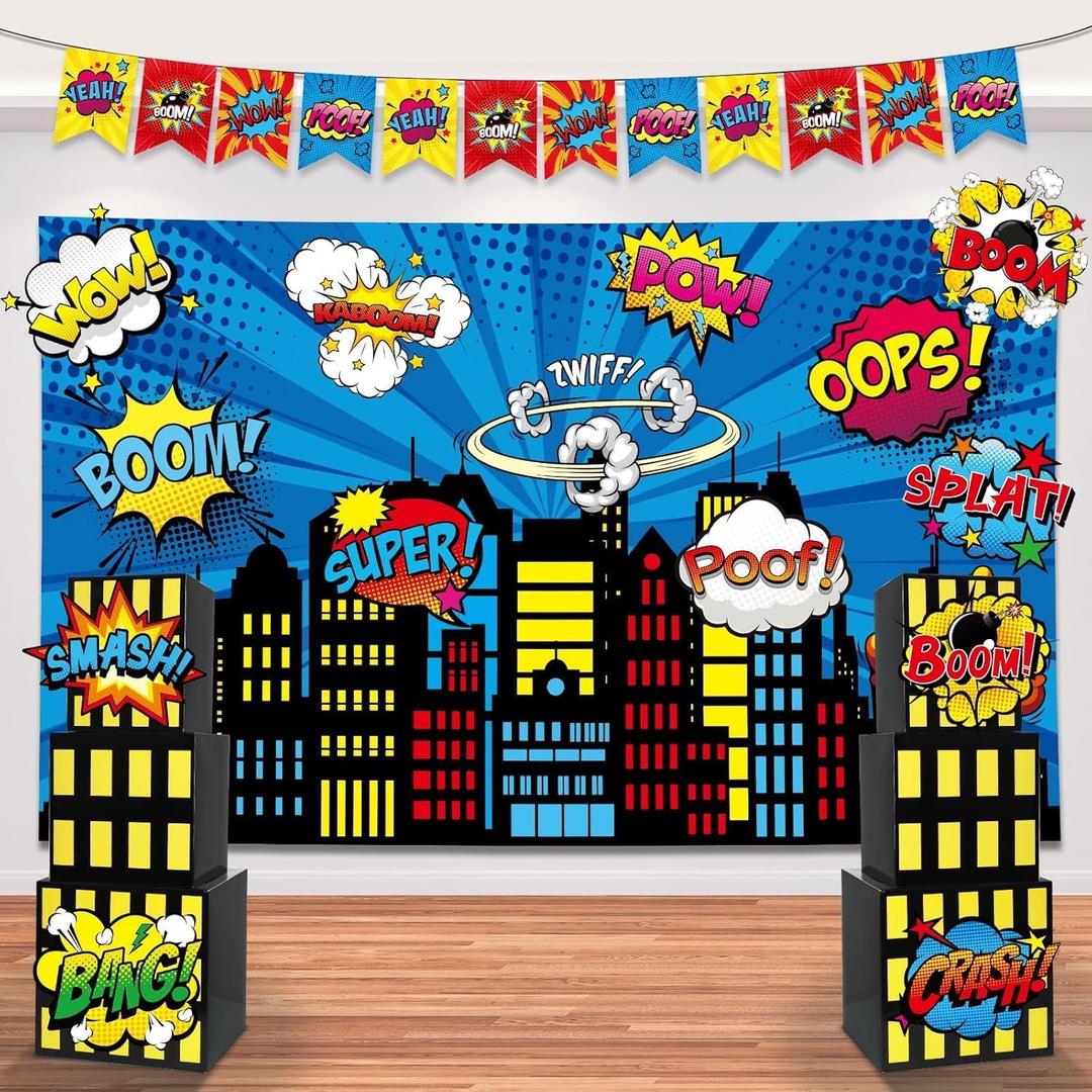 17Pcs Super Theme Hero Party Photography Backdrop for Hero Birthday Decorations with Hero Background Skyscraper City Boxes Hero Cutouts Super Banner for Super Theme Hero Birthday Party Supplies