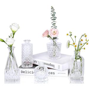 UPBUD Clear Glass Bud Vases Set of 5, Mini Flower Vase for Centerpieces, Small Clear Vases in Bulk for Wedding Decorations, Vintage Vase for Table, Recepetion, Home Dcor