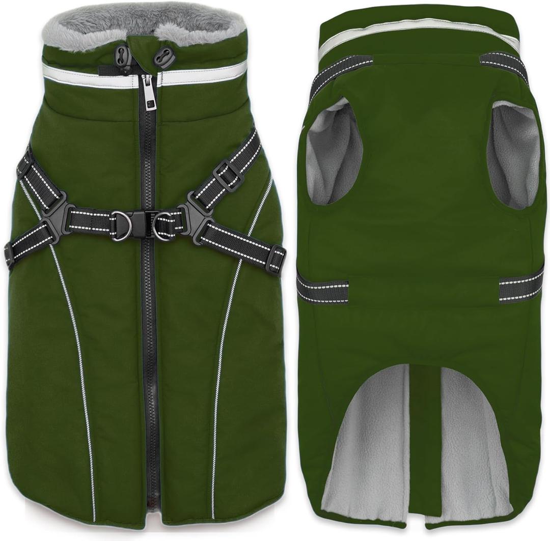 Fragralley Dog Coat with Harness Built in, Waterproof Windproof Reflective Warm Puffer Jacket, Fleece Lined Vest Winter Parka for Dogs, Size: Medium (Green)