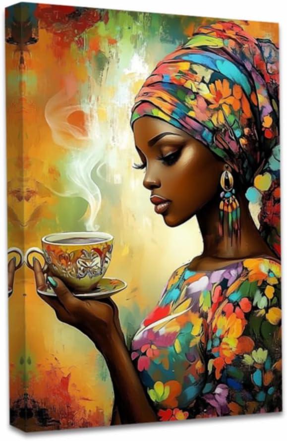 QIXIANG Black Girl Canvas Wall Art African American Picture Wall Decor Black Woman and Coffee Painting Prints Living Room Decor Framed(Brown,24L x 16W)