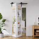 Bifold Barn Door 36"（18" x2） x 84", 1 Lites Mirror Panel with Sliding Hardware Kit Set, Pre-drilled Closet Door Slab, 40" Track for 2 Doors, MDF, White, Easy Installation