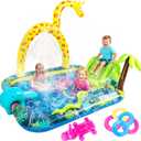 Inflatable Jungle Animal Play Center, Inflatable Water Park Kiddie Pool with Slide, Water Sprayer for Summer Outdoor Splash, Backyard and Garden 102.5" x75" x 54.5"
