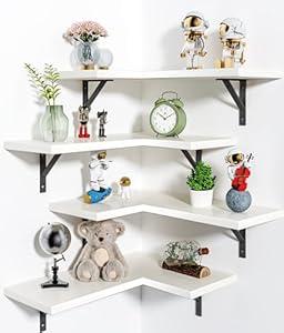 Corner Shelf Wall Mounted, Set of 4, Floating Shelves, Wall Shelf, Corner Hanging Shelves for Living Room, Kitchen and Bedroom (White Grey, 16.3 Inches)