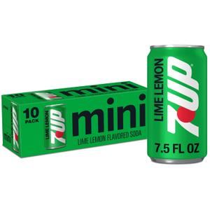 7UP Zero Sugar Lemon Lime Soda, 7.5 fl oz Mini Cans, 10 pack, BBD 11/01/2026