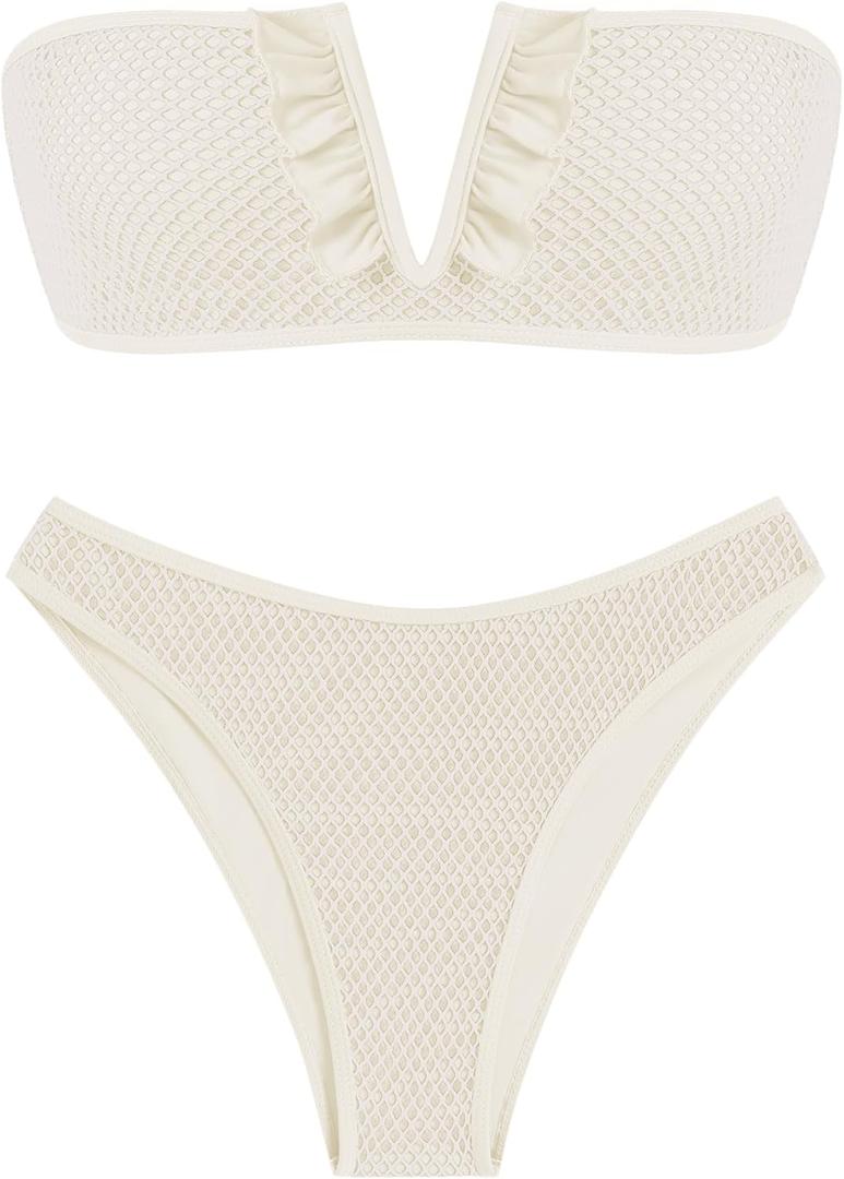 ZAFUL Women's Strapless Ribbed V Wired Lace Up Ruffle Tie High Cut Bandeau Swimsuits Bikini Set (Large, 1-beige)