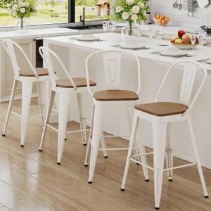 Andeworld Metal Bar Stools Set of 4, 24 inch Counter Height Barstools with Backs Farmhouse Modern High Back Bar Stools with Larger Seat Kitchen Dining Bar Chairs,Off White