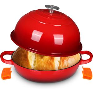 LIFERUN 6qt Enameled Cast Iron Dutch Oven for Sourdough Bread Baking, Non-Stick Dome-Shaped Bread Oven Pot with Lid, Silicone Handles and Scraper, Red