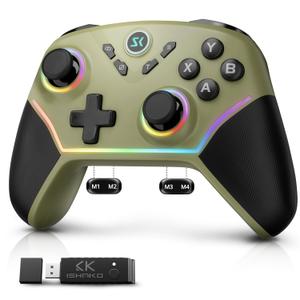ISHAKO Wireless PC Controller, Hall Effect Gaming Controller with 1000Hz Polling Rate, 3-Stage Adjustable Triggers, 4 Macro Back Buttons, Bluetooth/2.4G/Wired Gamepad Compatible with Windows PC, Switch, iOS, Android, Steam Deck - Green