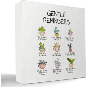 kunlisa Gentle Reminders Mental Health Funny Potted Plant Wooden Box Sign Desk Decor,Rustic Wood Block Plaque Box Sign for Therapy School Counseling Office Wall Shelf Tabletop Decoration