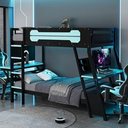Merax Twin Size Bunk Bed with Two Built-in Gaming Desks, USB Desktop Ports & Pegboard Organizer, Gaming Bunk Frame for Gamer, Cloud Blue