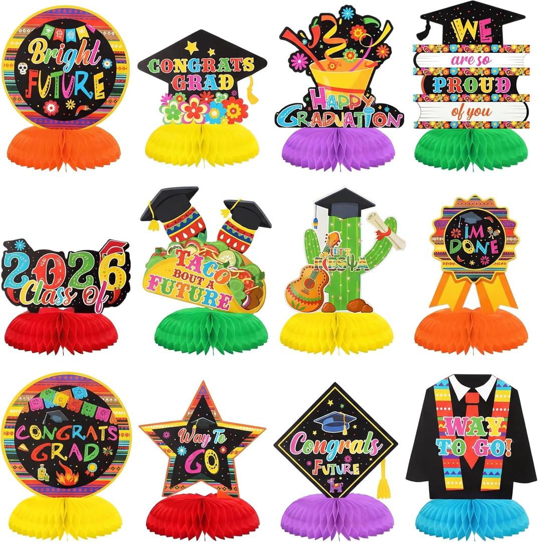 12 Pcs Mexican Graduation Honeycomb Centerpieces Fiesta Graduation Party Decorations Cinco De Mayo Table Centerpieces 2026 Mexican Congrats Grad Table Topper for Class Party