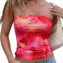PRETTYGARDEN Tube Tops for Women 2026 Summer Spring Floral Strapless Going Out Tops Y2K Mesh Cute Beach Vacation Clothes (Red, XXL)