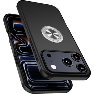 PELEPUES Shockproof Case for iPhone 17 Pro 6.3'', [Embedded Finger Ring] Military Grade Phone Case Cover with Reinforced Metal Stand Kickstand [Support Magnetic Car Holder] for iPhone 17 Pro, Black